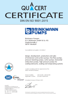 Brinkmann Pumps Certificate DIN EN ISO 9001:2015  